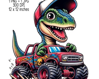 Cartoonish Dinosaur Riding an Off-Road Truck Illustration | Digital Download | Clipart PNG JPG