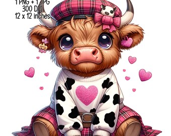 Può includere: Una mucca delle Highlands di cartone animato che indossa una gonna a quadri rosa e nera, un maglione bianco con macchie di mucca nere e un cuore rosa, un berretto rosa con un motivo a quadri bianco e nero e un fiocco rosa. La mucca ha grandi occhi blu e orecchie rosa con orecchini a forma di cuore. Lo sfondo è bianco con cuori rosa.