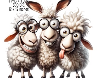 Crazy sheep Digital download humorous flock illustration Clipart Commercial Use Sublimation designs transparent PNG, JPG farm animals