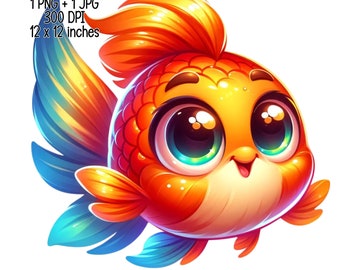 Gold fish children Clipart illustration sea animals Commercial Use Sublimation designs transparent PNG, JPG Digital download kids nursery