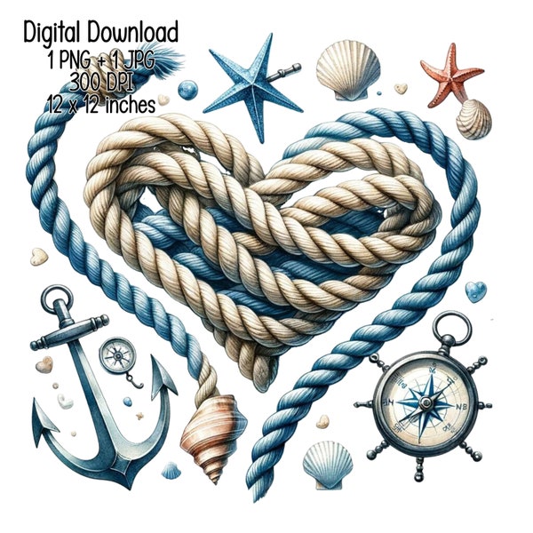 Heart from Marine rope anchor compass sea stars Clipart Commercial Use Sublimation designs illustration transparent PNG, JPGDigital download