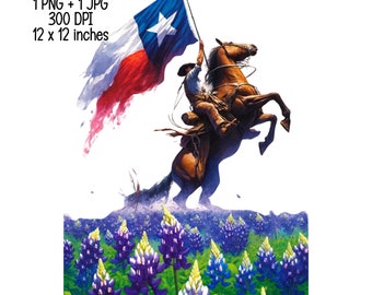 Texas bluebonnet field and cowboy Texas flag Watercolor Illustration Clipart Commercial Use Sublimation designs PNG, JPG Digital download