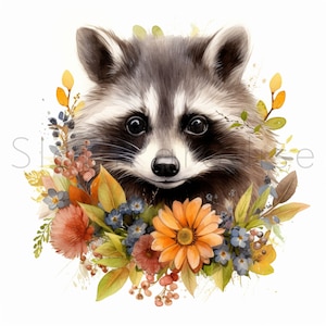 18 JPG floraux ratons laveurs aquarelle téléchargement numérique des cliparts tout usage commercial, raton laveur en fleurs fabrication de cartes illustration art imprimable