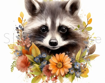 18 JPG Floral Racoons Watercolor Clipart Digital Download Commercial Use, Racoon in flowers card making illustration printable art