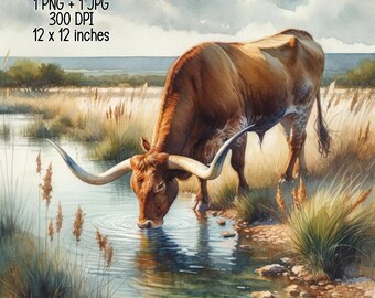 Texas longhorn drinking Watercolor Illustrations Clipart Rural Landscape Commercial Use transparent PNG, JPG Digital download