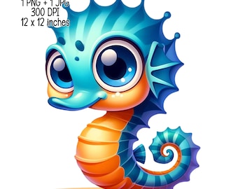 Caballito de mar niños lindos y verdes Clipart ilustración animales marinos Uso comercial Diseños de sublimación PNG transparente, JPG Descarga digital