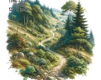 Bergwandelpad aquarel clipart bos commercieel gebruik sublimatie ontwerpt illustratie transparante PNG, JPG digitale download