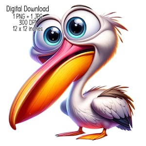 Pelícano Divertido lindo colorido humorístico pájaro ilustración Clipart Uso comercial Sublimación diseños ilustración PNG, JPG Descarga digital
