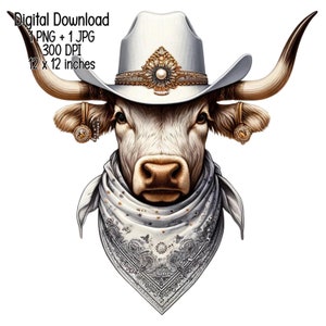 2 Longhorn as Texan with cowboy hat wedding theme Clipart Commercial Use Sublimation designs illustration transparent PNG Digital download