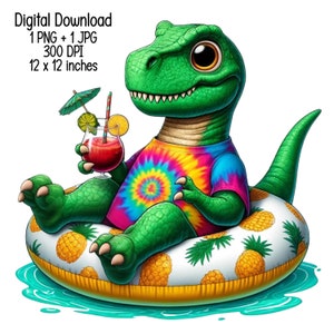 2 Dino na kółku do pływania | Ilustracja z wakacji letnich | Pobieranie cyfrowe | Clipart PNG JPG