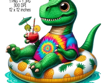 2 Dino on a Swimming Circle | Summer Vacation Illustration | Digital Download | Clipart PNG JPG