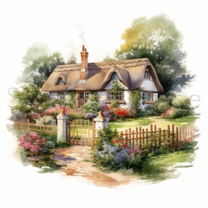 10 JPG englische Landhäuser mit Blumen Teil 2 Aquarell Clipart Digitaler Download Kommerzielle Nutzung UK hochwertige Karte machen Illustration