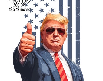 Könnte beinhalten: Eine digitale Illustration eines Mannes mit blonden Haaren, der einen blauen Anzug und eine rote Krawatte trägt und den Daumen nach oben zeigt. Er steht vor einer amerikanischen Flagge mit weißen Sternen auf blauem Hintergrund und roten und weißen Streifen.