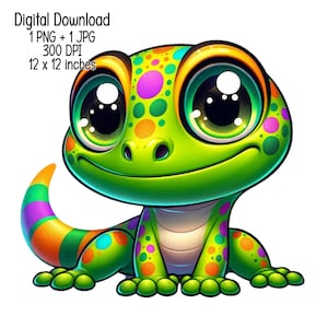 Gecko hagedis schattige en groene kinderen Clipart illustratie Commercieel gebruik Sublimatie ontwerpt transparante PNG, JPG Digitale download
