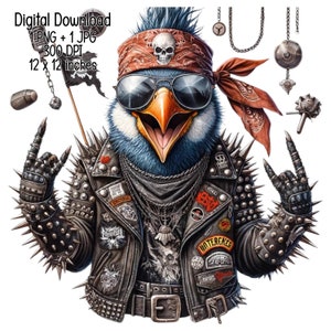 May include: A blue bird wearing a black leather jacket with spikes, a red bandana with a skull, and sunglasses. The jacket has many patches and pins, including a patch that says "WATERECKER".