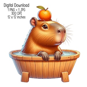 Capibara con mandarino che fa il bagno Download digitale illustrazione Clipart Uso commerciale Sublimazione progetta PNG trasparente, JPG