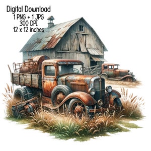 Puede incluir: Descarga digital de acuarela que representa un camión antiguo oxidado con una caja de madera, frente a un granero antiguo. La imagen incluye el texto "Digital Download" y dimensiones de 30,48 x 30,48 cm.