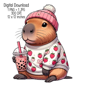 Capybara avec bubble tea, téléchargement numérique, illustration mignonne de cliparts à usage commercial, dessins de sublimation PNG, JPG transparents pour fabrication de cartes