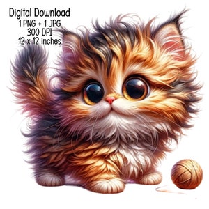Op de afbeelding: Een cartoonillustratie van een pluche, oranje, zwart en wit kitten met grote, bruine ogen. Het kitten kijkt omhoog met een speelse uitdrukking en heeft een bol wol aan zijn voeten.
