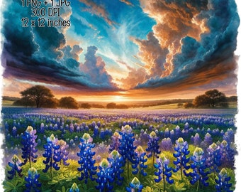 bluebonnet field under a dramatic Texas sky Watercolor Illustration Clipart Commercial Use Sublimation designs PNG, JPG Digital download