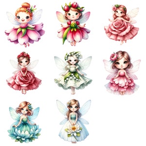 8 PNG Whimsical Flower Fairies Digital Download Tulip, rose, Lily of valley, peony, water lily fairy Transparent  Watercolor Clipart