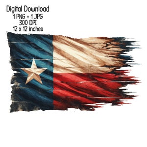 Pode incluir: Uma bandeira do Texas desgastada, desbotada e desfiada com uma estrela branca sobre um fundo azul, listras vermelhas e brancas e uma textura de grão de madeira.