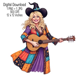 May include: Digital download of a colourful illustration of a woman wearing a witch hat and patchwork coat, playing an acoustic guitar. The image is 30.48 x 30.48 cm.