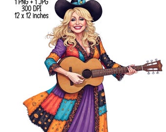 May include: Digital download of a colorful illustration of a woman wearing a witch hat and patchwork coat, playing an acoustic guitar. The image is 12 x 12 inches.