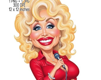 Funny Dolly Caricature PNG – Funny Country Music Lady Clipart for T-Shirts, Tumblers, Wall Art, Gifts & Crafts | Instant Download