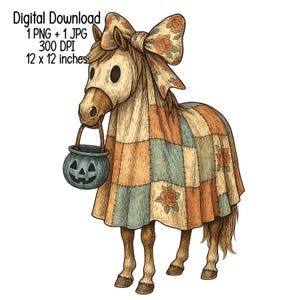 May include: A whimsical illustration of a horse in a patchwork costume, holding a jack-o'-lantern bucket. The horse wears a large bow with floral accents. The image is a digital download, 12 x 12 inches.