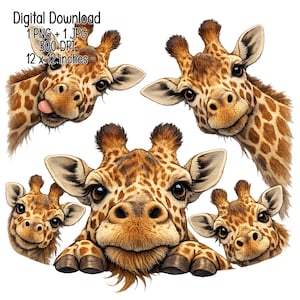 Puede incluir: Descarga digital con cinco ilustraciones de jirafas. Las jirafas tienen pelaje marrón y canela con ojos expresivos. Se incluye el texto "Descarga digital" y las dimensiones de 30,48 x 30,48 cm.