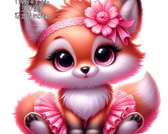 Cute adorable baby fox in pink tutu with a headband Clipart Commercial Use Sublimation designs illustration PNG JPG Digital download