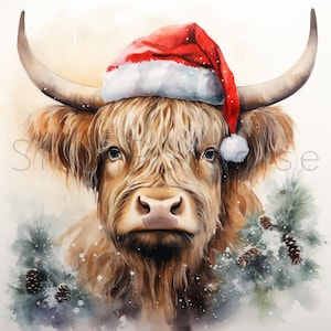18 JPG Natal vaca das montanhas Aquarela Clipart Download digital Uso comercial, cartão de gado de inverno fazendo ilustração arte para impressão