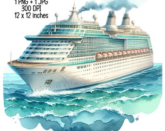 Vacation cruise ship, marine theme  Watercolor Clipart Commercial Use Sublimation designs illustration transparent PNG,JPG Digital download