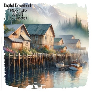 Alaskan fishing village Watercolor Illustration Alaska landscape Clipart Commercial Use Sublimation PNG, JPG Digital download 300 DPI