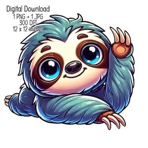 Cute Sloth Clipart Illustration for Children | Commercial Use | Sublimation Designs | Transparent PNG JPG Digital Download