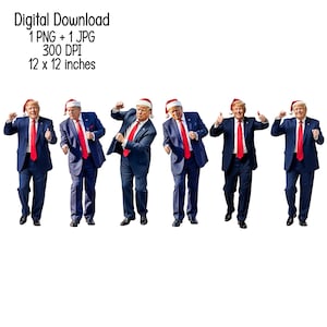 Op de afbeelding: Vijf mannen in blauwe pakken en rode stropdassen dragen kerstmanmutsen en glimlachen. Ze staan ​​allemaal in een rij en hebben hun armen in de lucht gestoken. Digitale download 1 PNG + 1 JPG 300 DPI 12 x 12 inch