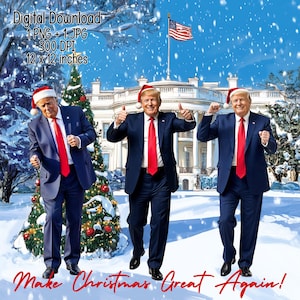 Vuelve a hacer una Navidad maravillosa: el trío de Papá Noel y Trump bailando en la Casa Blanca en Navidad / Descarga digital Sublimación PNG y JPG Ilustración