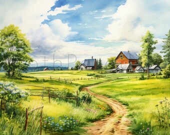 水彩画 アジアの農村風景 1950年代の農村風景を水彩画で表現した日本の田舎イラスト。木造の家屋