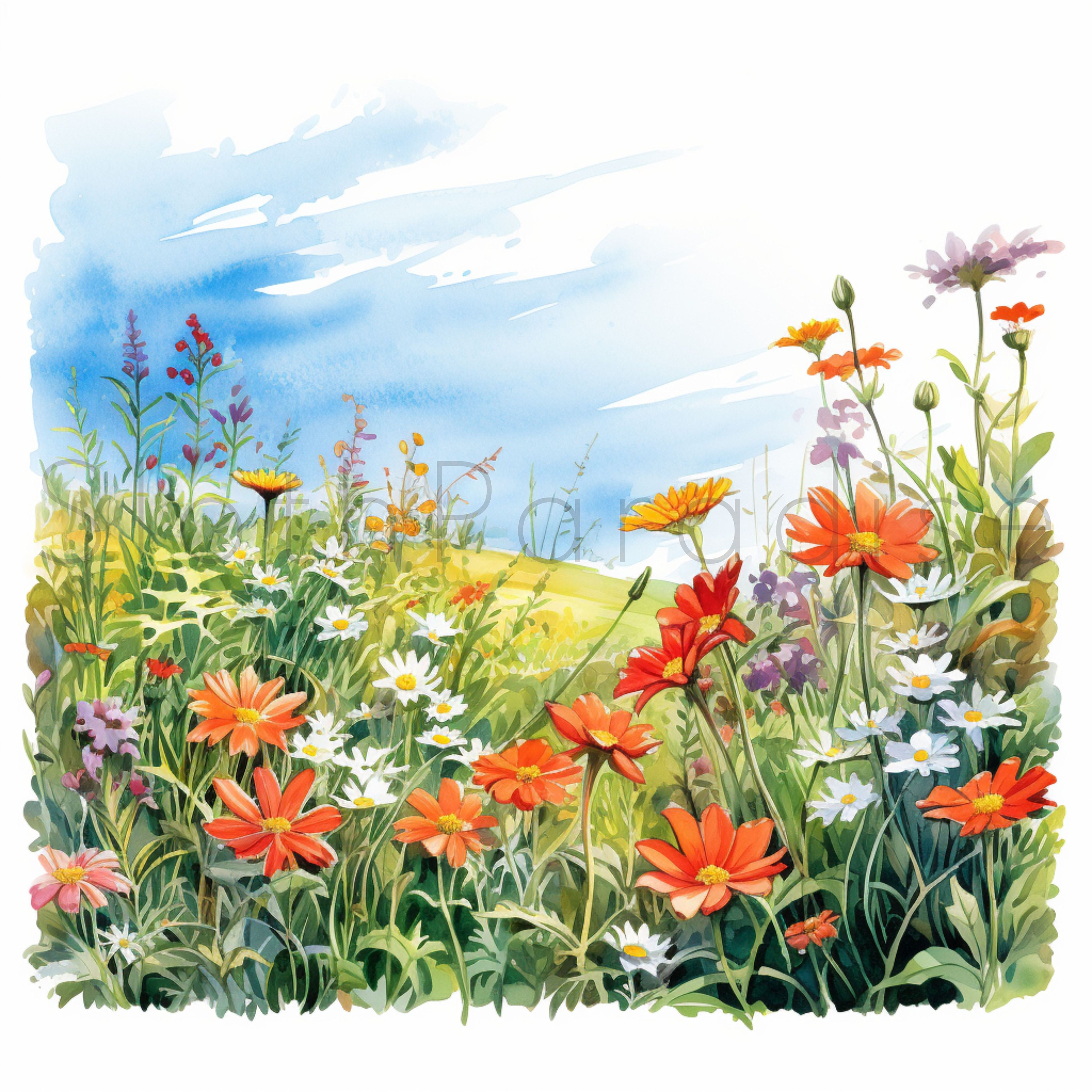 14 JPG 花畑の風景 水彩画 クリップアート デジタルダウンロード 商用