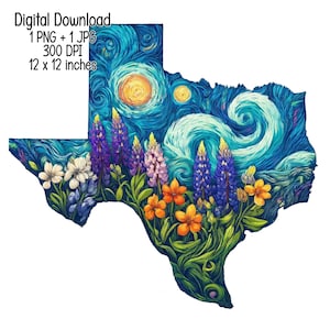 2 Texas Karte im Van Gogh Stil mit Bluebonnets | Digitaler Download | Clipart PNG JPG