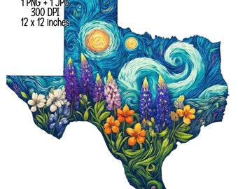2 Texas Map in Van Gogh Style with Bluebonnets | Digital Download | Clipart PNG JPG