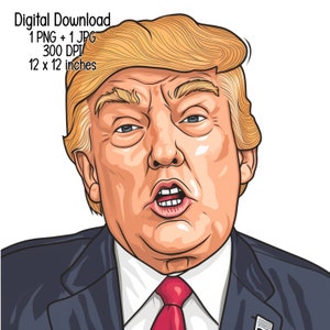 Può includere: Un'illustrazione digitale di una persona con i capelli biondi che indossa un abito scuro e una cravatta rossa. La persona sta guardando direttamente lo spettatore con un'espressione seria.