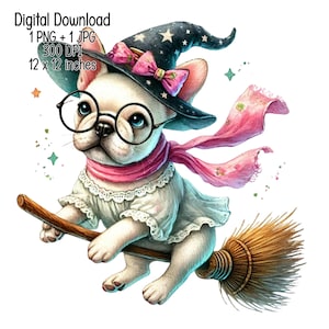 Magiczny Buldog Francuski na Miotle - Ilustracja Clipart Akwarela, Temat Halloween, Pobieranie Cyfrowe, JPG, Przezroczysty PNG