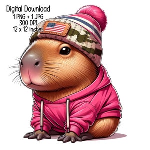 Cute Capybara Digital download Capybara rosa felpa con cappuccio illustrazione Clipart uso commerciale sublimazione disegni PNG trasparenti, creazione di carte JPG