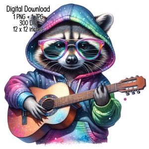 Wasbeer gitaar spelen aquarel clipart | Commercieel gebruik sublimatieontwerp | Transparante PNG JPG digitale download dierlijke kunst