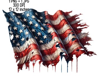 May include: A tattered American flag with red, white, and blue colors, waving in the wind. The flag is torn and frayed, with drips of red and blue paint running down the fabric. The flag is 12 inches by 12 inches.