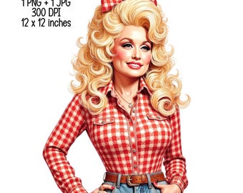 Peut inclure: Illustration numérique d'une femme avec de longs cheveux blonds coiffés en une grosse coiffure bouclée et volumineuse. Elle porte une chemise à carreaux rouge et blanc, un jean bleu et une ceinture marron. Elle a un nœud rouge dans les cheveux et sourit.