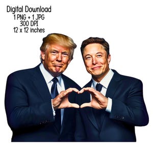 Trump und Musk One Heart Team - Humorvolle digitale Illustration, lustiger politischer Kunstdruck, digitaler Download