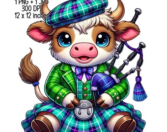 Linda y adorable vaca de las tierras altas con falda escocesa en patrón de tartán de Baird y capó a juego Descarga digital, JPG, PNG transparente